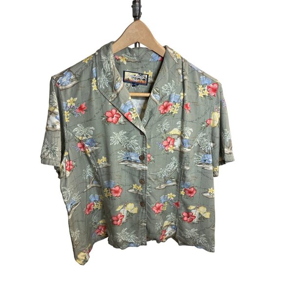 Havana Jacks Cafe Green Tropical Floral Short Sleeved Button Up Top - Picture 1 of 10